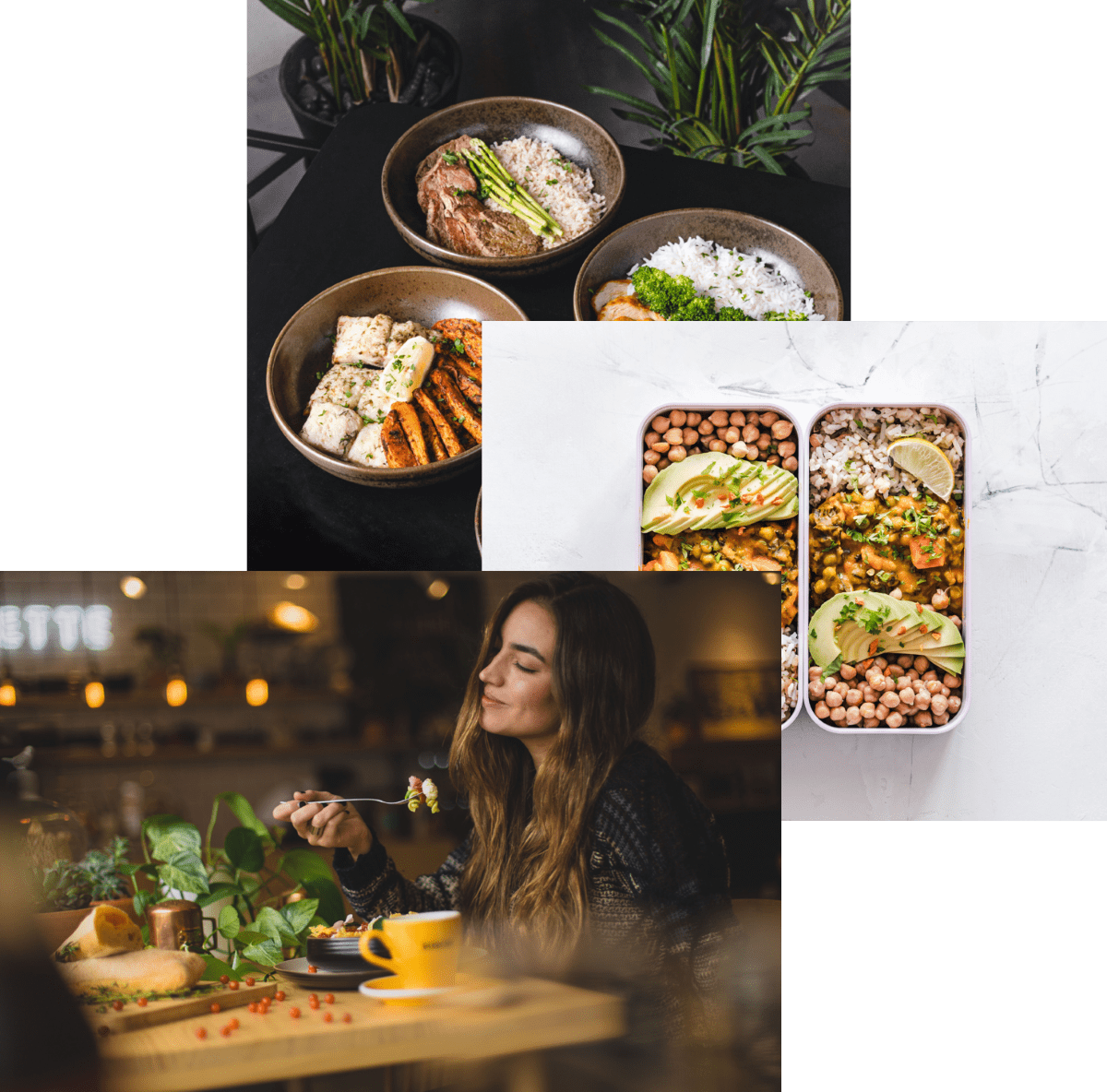 Woman enjoying food, meals in a storage container and food bowls on a table